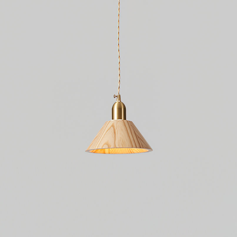 Walnut Finish Wood Pendant Lamp With Brass Accents